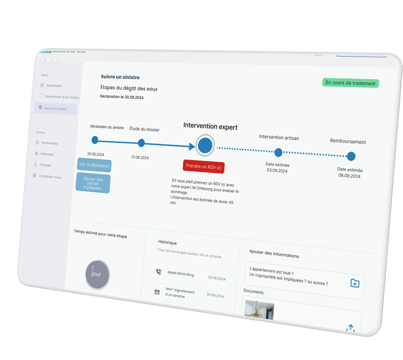 Capture d'écran du processus d'automatisation de la gestion des sinistres pour assurés